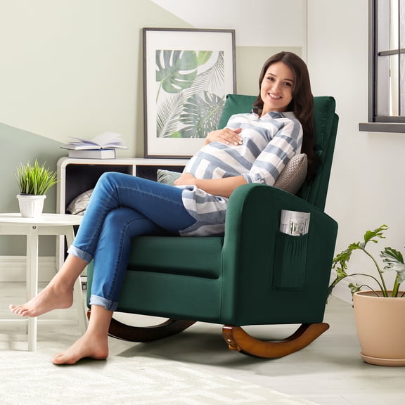AVAWING Mid-Century Nursery Rocking Chair Upholstered Velvet High Back Arm Chair, Adult, Green