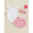 thumbnail image 4 of Suealasg Baby Girl 3Pcs Summer Clothes Set Fly Sleeve Flower Print Romper Ruffled Shorts Headband 3 6 12 18 Months Infant Girl Cutes Outfits, 4 of 7