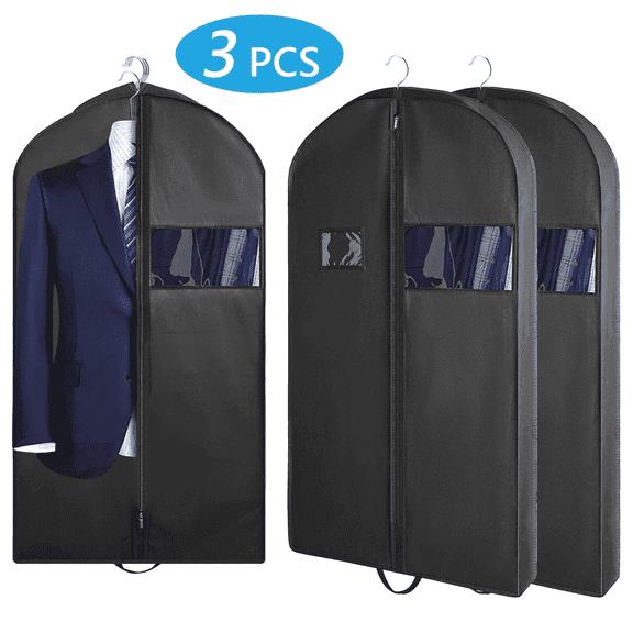 Tripumer 3 Pcs Heavy Duty Garment Bags Hanging Clothes Suit Covers 43 x 24 x 4 inch Suit Bags Clear Window For Clothes Dress Coats Jackets Shirts Travel Black
