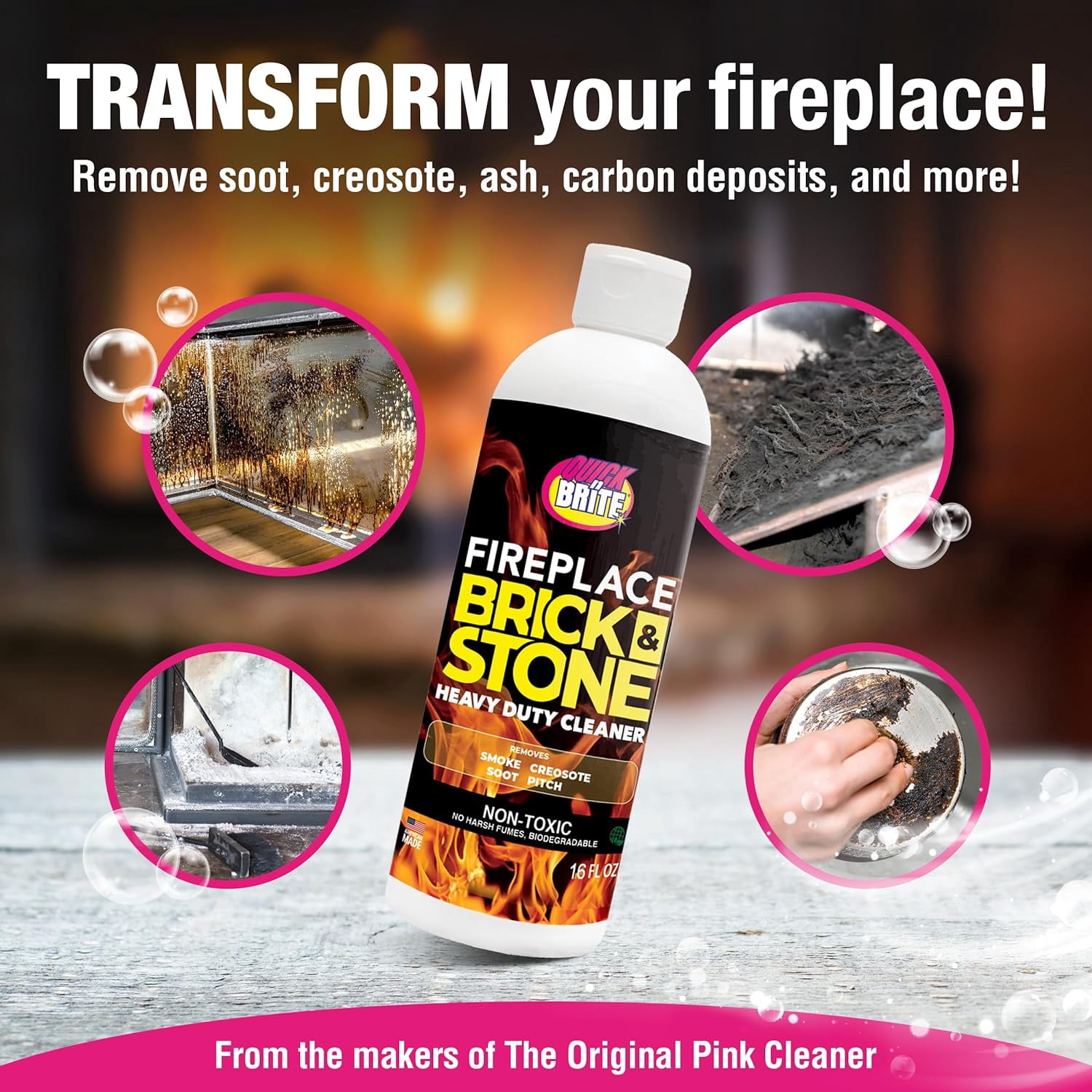 Quick N Brite Fireplace Gel Cleaner for Brick, Stone, Rock, Tile, and Marble, Nonabrasive Fireplace Cleaner, Made in the USA, 16 oz