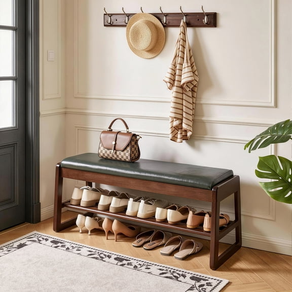 Noble House 31.5" Shoe Storage Bench with Lift-Top Seat, Upholstered Bench with Shoe Shelves, Green