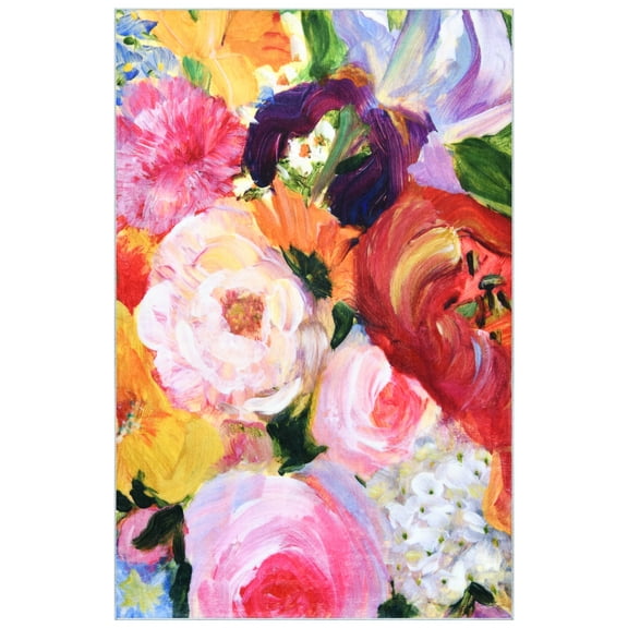Yellow and Violet I, 5'x8' Hand Washable Flowers Art Area Rug
