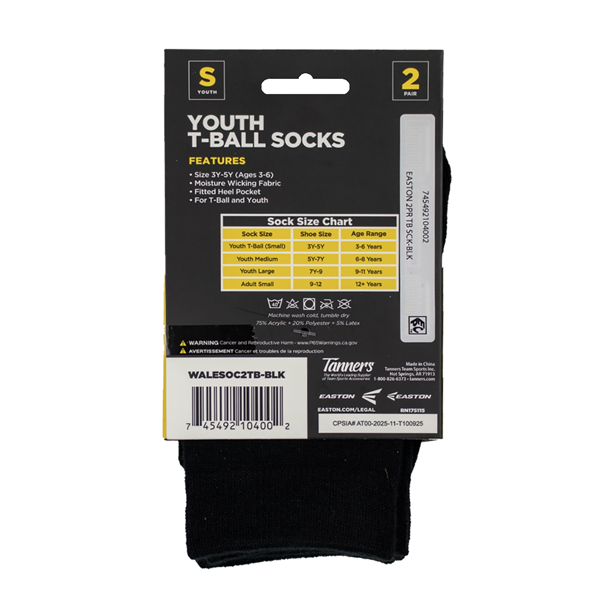 Easton Youth Baseball Socks, 2 Pair (T-Ball/Black)