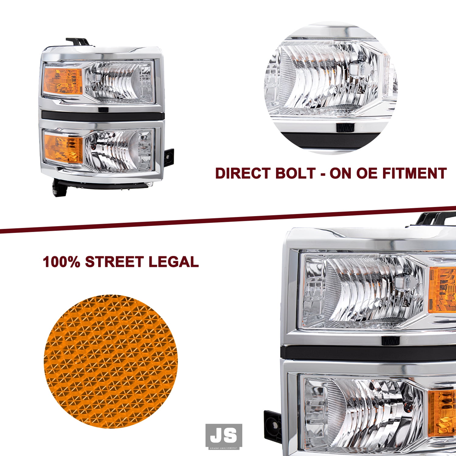 For 2014-2015 Chevy Silverado 1500 Chrome Amber Headlights Headlamps L+R Pairs
