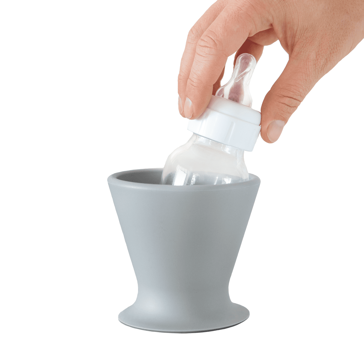 Bökee Baby Bottle and Breast Pump Holder and Snack Bowl – Silicone One Hand Milk & Formula Prep with Suction Cup - Dishwasher Safe - Light Grey, 1-Pack