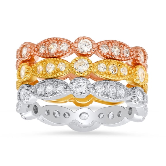 Kylie Harper Sterling Silver Tri-Color Cubic Zirconia  CZ 3pc Stackable Ring Set