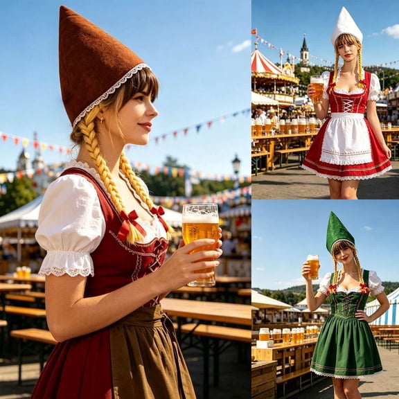 Women Oktoberfest Pointed Hat Bavarian Cone Hat Costume Cap with Double Braids and Red Bows Decor for Women Celebration Party Dress Up