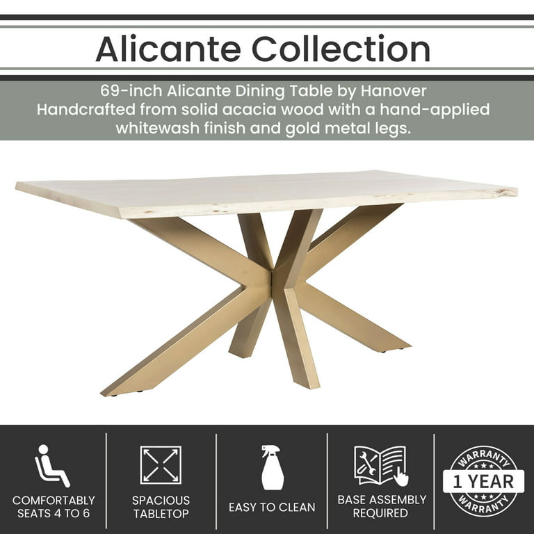 Hanover Alicante 69-In. Acacia Wood Dining Table | Modern Live Edge Design  | For Dining Room or Kitchen | White Top with Gold Legs, HDR012-WHT