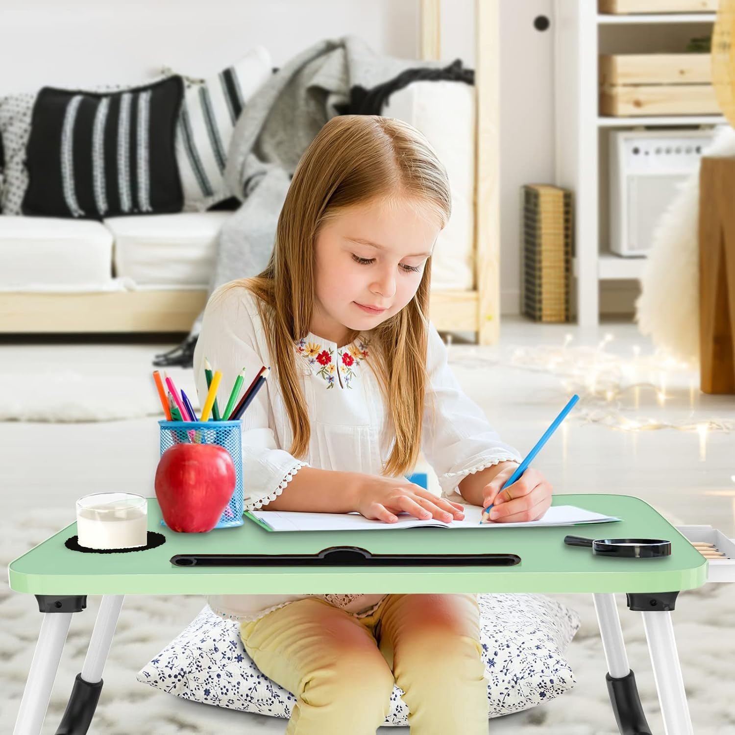 PHANCIR Foldable Lap Desk, 23.6 Inch Portable Wood Laptop Desk Table Workspace Organizer Bed Tray with iPad Slots, Cup Holder and Drawer, Anti-Slip for Working Reading Writing, Eating, Watching-Green