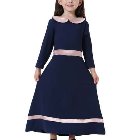 

Leesechin Girls Dresses Clearance Muslim Long Dress Medium Big Long Sleeve Doll Collar Colorblock Dress