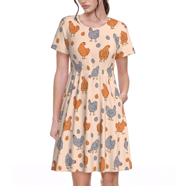 Disketp Funny Chicken para Vestido de Manga Corta para Mujeres, Vestidos de Verano para Mujeres, Casual y Holgado para la Playa