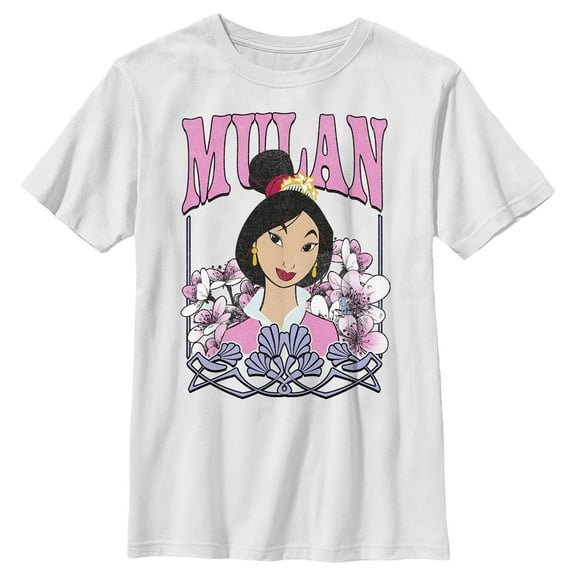 Boy's Mulan Distressed Floral Portrait Graphic Tee White Medium