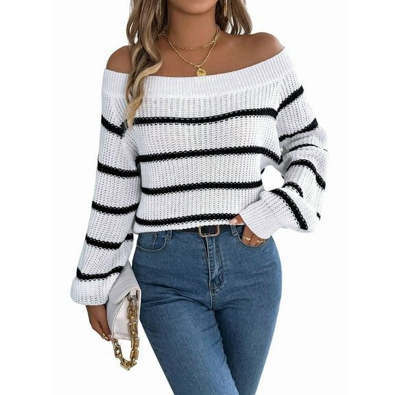 Off Shoulder Striped Sweater Women Fall Fashion Casual Knit Sweaters Pullover Y2k Cute Tops White S