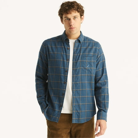 Nautica Mens Classic fit Long Sleeve Button-Up Shirt Large Blue Plaid