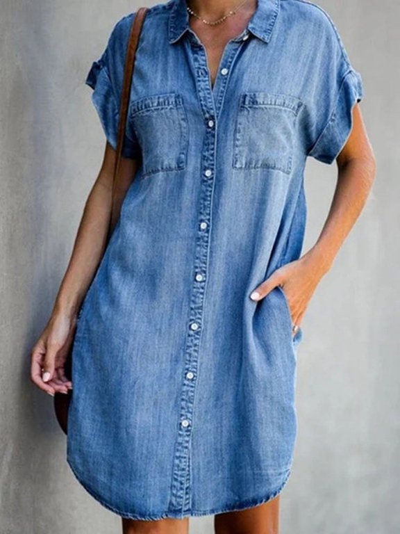 Simple Summer Denim Shirt Dress for Females with Retro Single Breasted Closure and Casual Loose Fit Pocket Design for Office Commuter Look