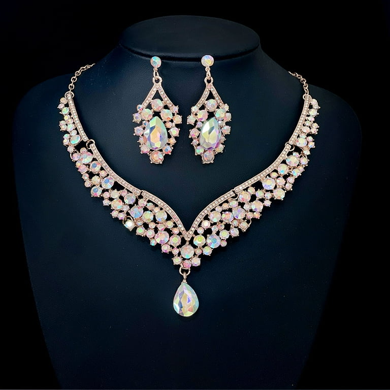 landege Set of Iridescent Bridal Jewelry Set Rhinestone Bling