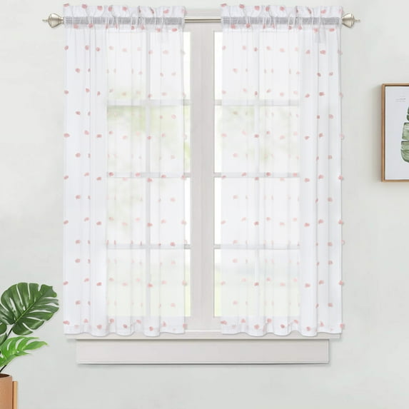 Haperlare Kitchen Curtains 45 inches Length Pom Pom Design Sheer Light Filtering Farmhouse Half Window Covering Tier Curtains, 27" x 45", Pink Pompoms, Set of 2