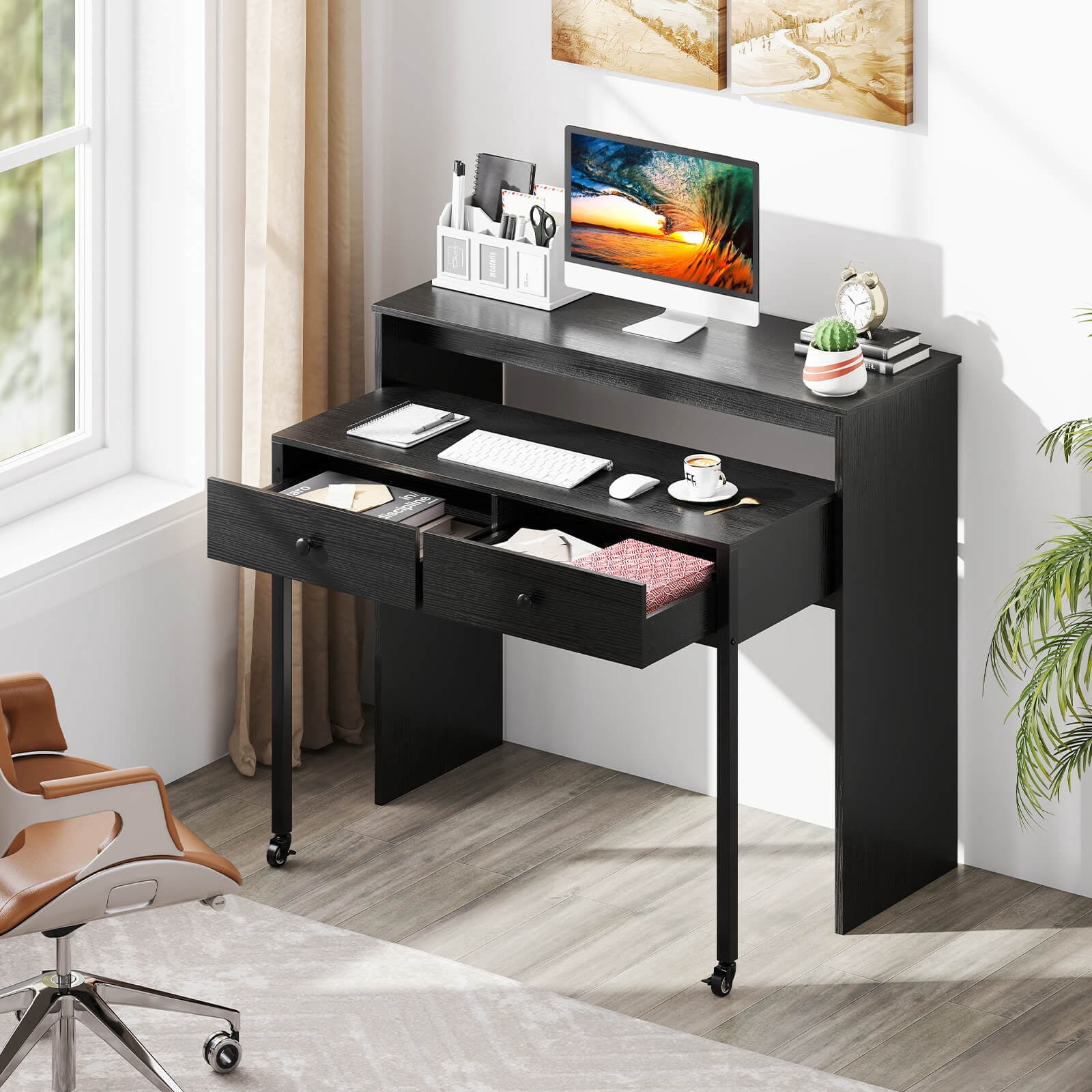 Costway 39.5" Expandable Rolling Computer Desk with Monitor Shelf 2-tier Desktop 2 Drawers Black