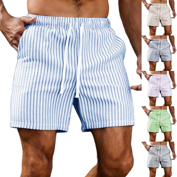 Favoffer Men's Linen Casual Shorts Striped Pocket Lace Up Elastic Waist Thin Loose Summer Active Short Pants for Beach Lounging Walking Outdoor