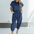 thumbnail image 2 of REORIAFEE Disco Outfit Women Gym Outfits Women's Two Piece Cotton Linen Short Sleeve Round Neck Tops Pants Set Navy M, 2 of 7