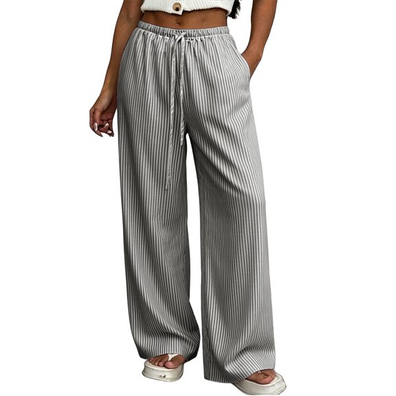 TZZQ Striped Linen Pants Wide Leg Drawstring Elastic Waist Trousers with Pockets Lightweight Loose Striped Gingham Plaid Lounge Pants Summer Casual Relaxed Fit Beach Vacation Flowy Slacks Black L