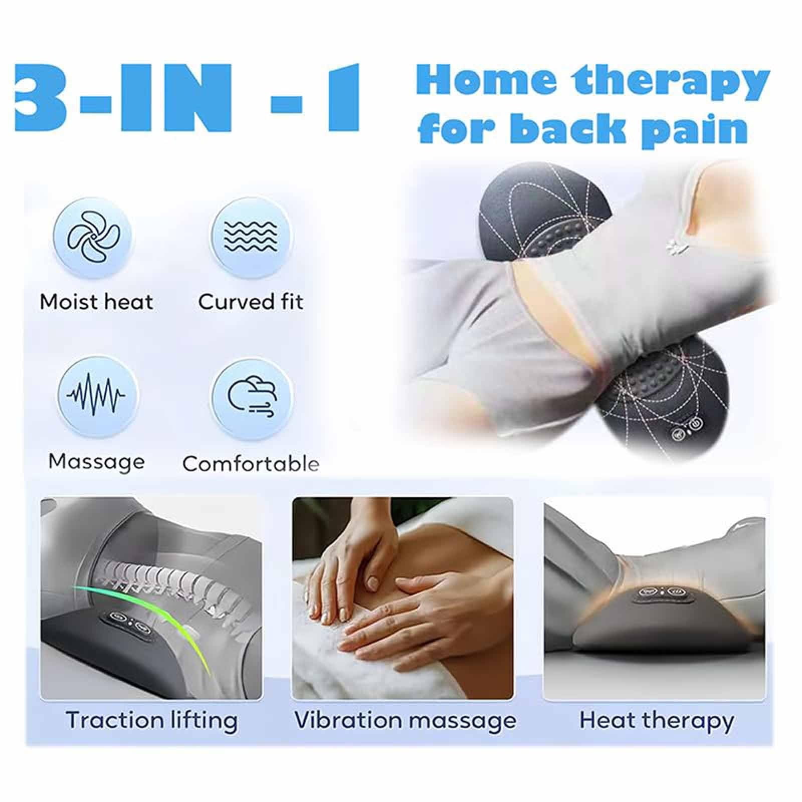 Triple Fusion Back Massager, 3-in-1 Back Massager with Traction Lifting and Vibration Massage and Heat Compress Against Pain, Sciatica Massager for Neck, Shoulder, Backs, Waist Wedge Bolster(Gray)