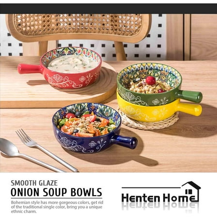 Ceramic Soup Bowls with Handle, 25 oz French Onion Soup Set of 4, Porcelain BoHo Style for Cereal, Chilli, Microwave & Oven Safe