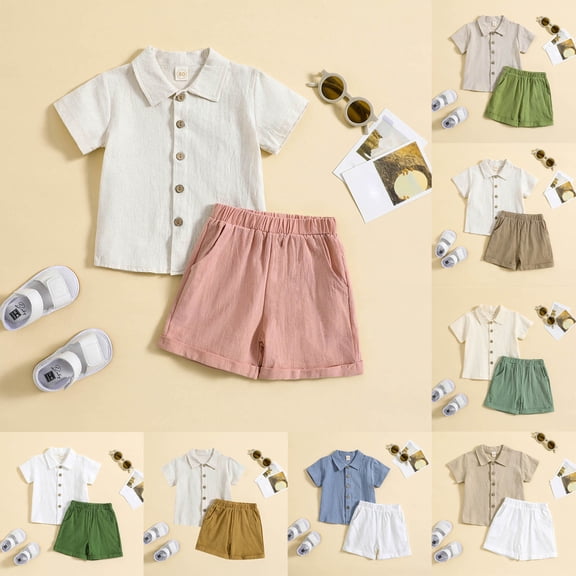 Rvasteizo Toddler Summer Outfits Boys Girls Breasted Pocket Lapel Shirt and Elastic Drawstring Shorts Linen Beach 2 Piece Set 6 Months to 4 Years