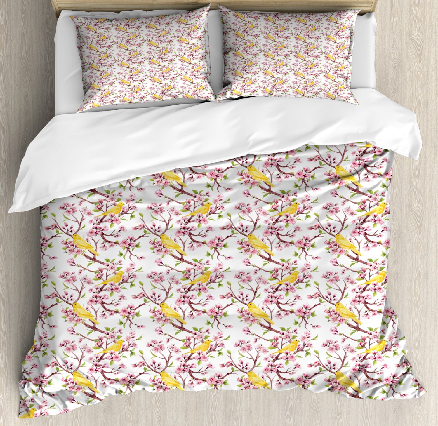 Cherry Blossom Queen Size Duvet Cover Set, Spring Concept Sparrow on