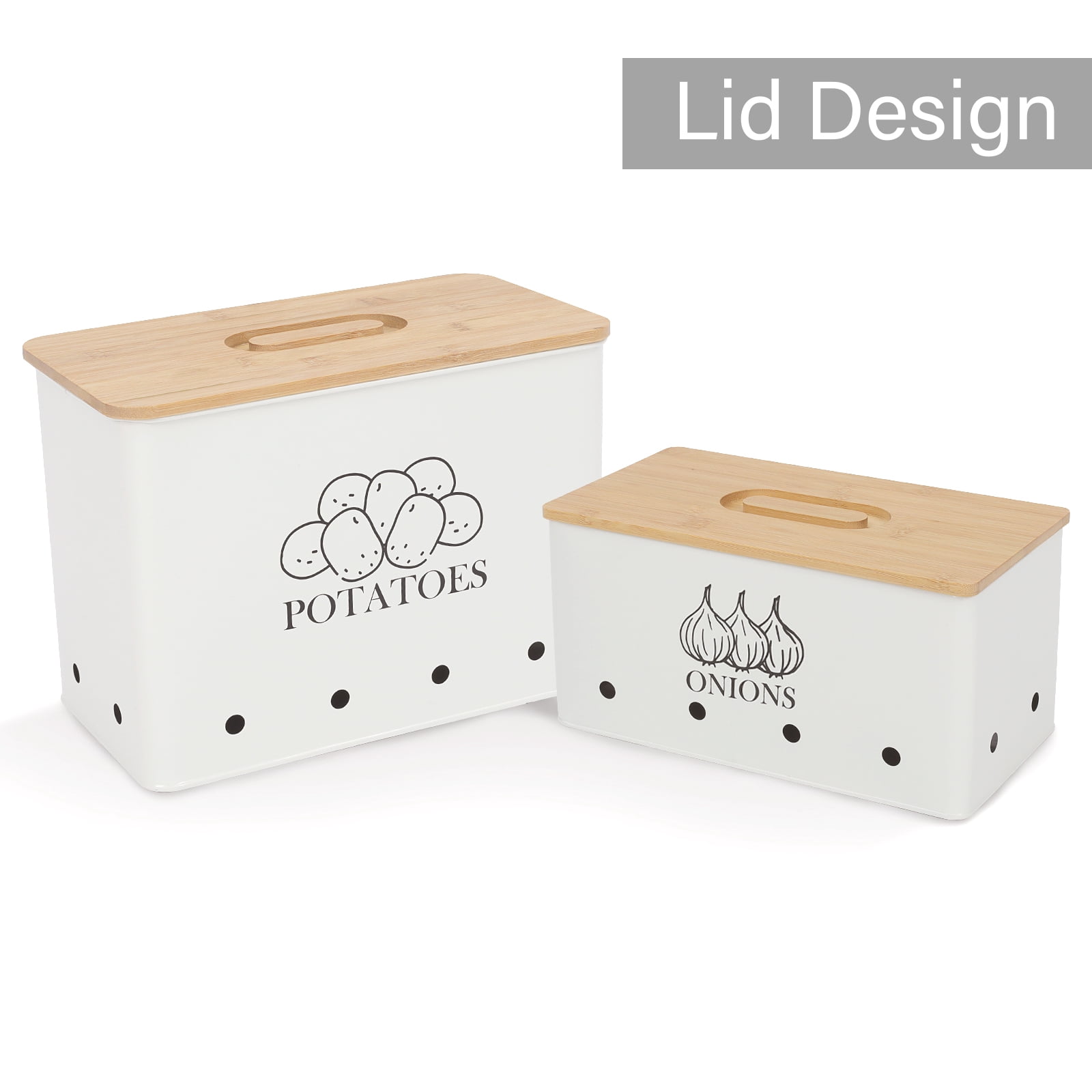 Pethiy Potato Onion Storage Canisters,Storage Bin For Kitchen 2 Pack Set,Potatoe, Potato Storage Box,Storage And Long Shelf Life with Aerating Tin Storage Holes,White