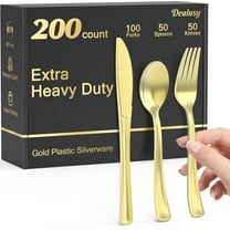 Bulk Gold Plastic Silverware Set 200 Count, 100 Forks 50 Spoons 50 Knives, Heavy Duty Disposable Cutlery for Catering Picnics Parties, BPA-Free Durable Utensils, Gold