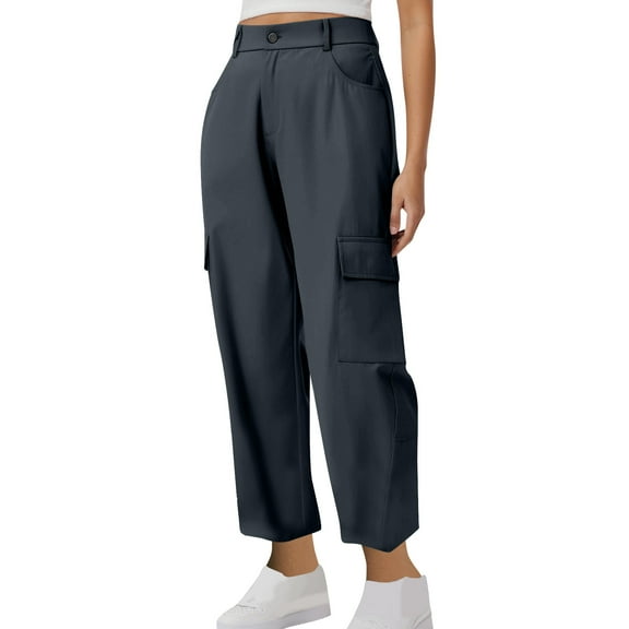 XFLWAM Women's Wide Leg Cargo Pants Elastic Waist Lightweight Casual Pants Y2K Baggy Trousers with Pockets Dark Gray L