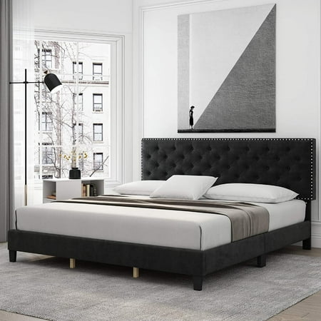 Homfa King Size Bed, Modern Upholstered Platform Bed Frame with Adjustable Headboard for Bedroom, Black
