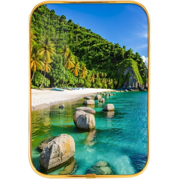 12x8 Inches Framed Coast Wall Art Decor with Gold Frame and Decorative Beach Pictures Print For Restroom, Modern Home Decor, Crystal Porcelain Painting Wall Decor