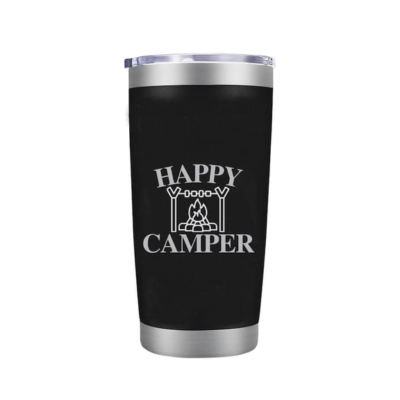 Happy Camper Wine Tumbler with Sliding Lid - Stemless Stainless Steel Insulated Cup - Cute Outdoor Camping Mug Gift For Campers