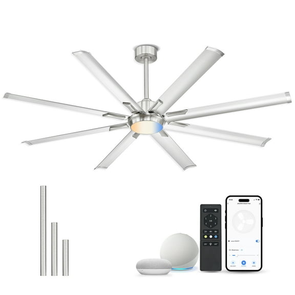Ltmate 72 Inch Bruehed Nickel Ceiling Fan With Light,Industrial Ceiling Fan With 8 Aluminium Metal Blades