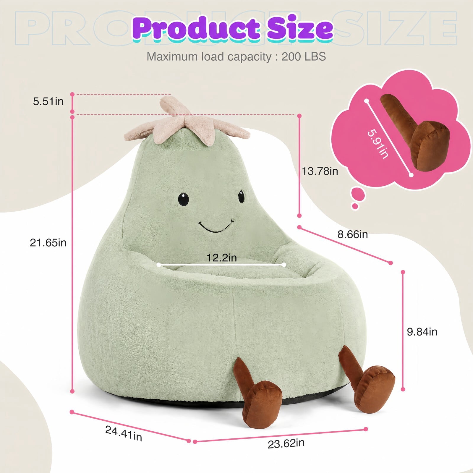 Kelno 24" Kids Bean Bag Chair Faux Rabbit Fur Lazy Chair Toddler Couch, Green