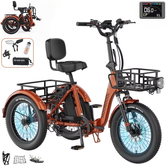MOONCOOL TK Pro Foldable Electric Tricycle W/ Rearview mirror accessory Kit, 1500W Motor 48V 20Ah Battery, 20" Fat Tire Three Wheel 6-Speed Electric Mountain Bicycle for Adults