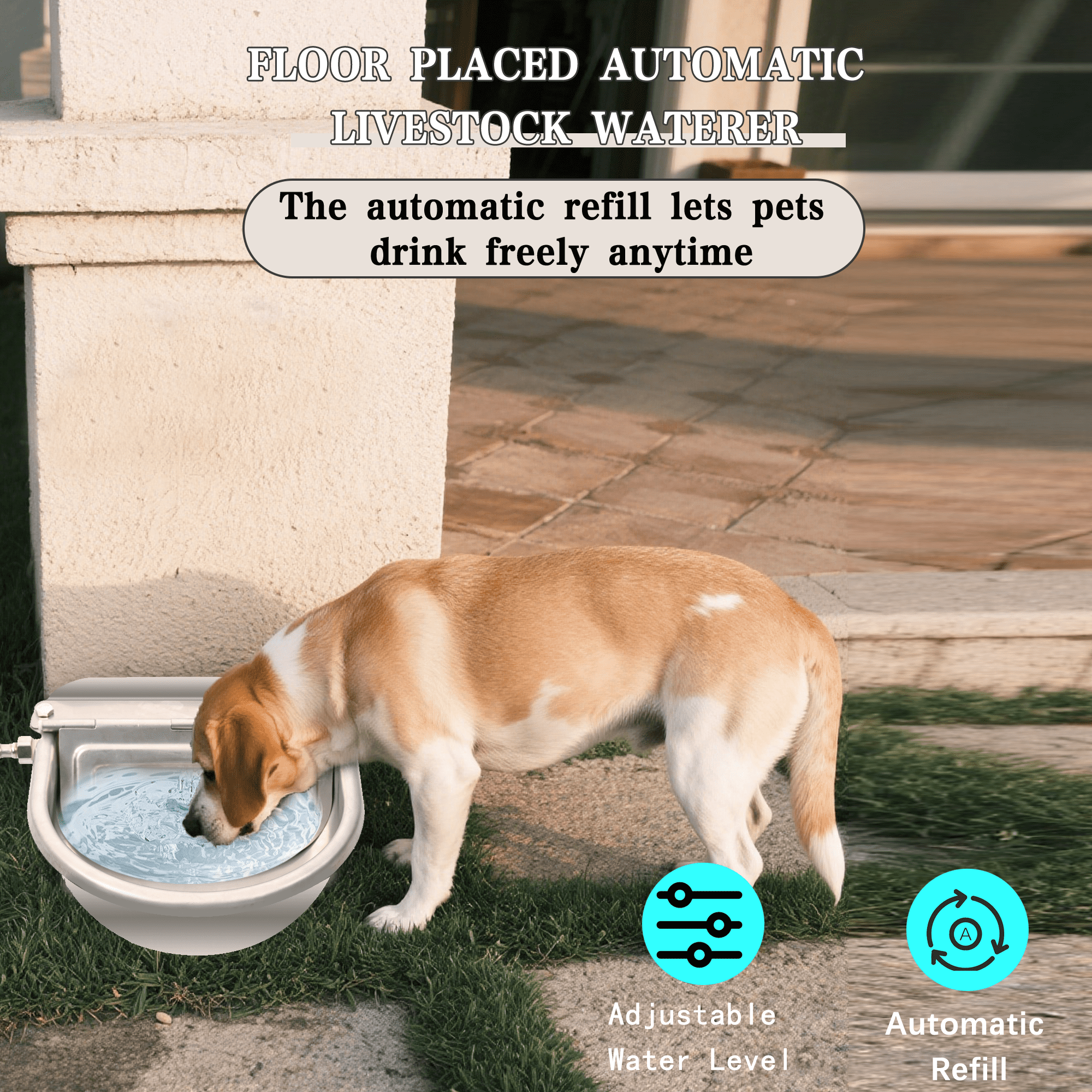 Boajf Automatic Dog Water Dispenser 1 Gallon with Drainage System & Auto Refill, 304 Stainless Steel, Includes Waterer, Drainage Water Valve, 2 Float Valve, Hose Quick Connector, for Horse, Chicken