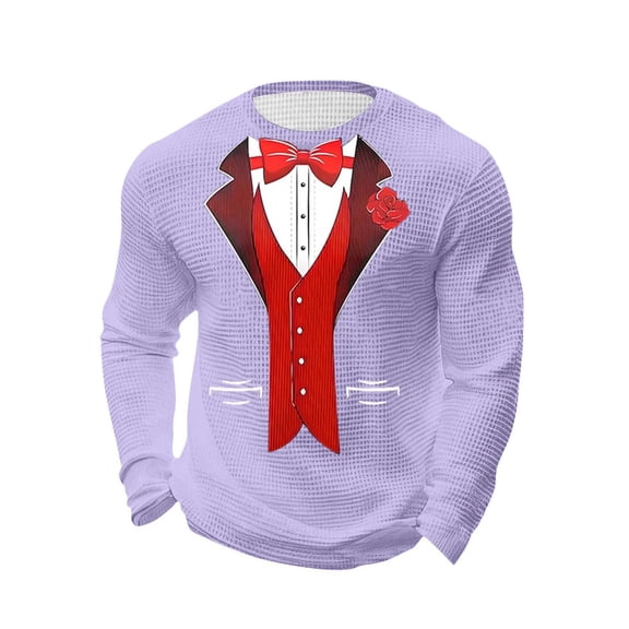 Classic Tuxedo Red Rose Long Sleeve Shirt Funny Party Costume Shirt Men's Waffle Knit Crew Neck Print Top