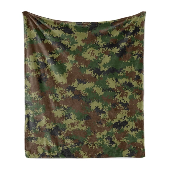 Camo Soft Flannel Fleece Blanket, Grunge Graphic Camouflage Summer Theme Armed Forces Uniform Inspired Dark, Cozy Plush for Indoor and Outdoor Use, 70" x 90", Green Pale Green Brown, by Ambesonne
