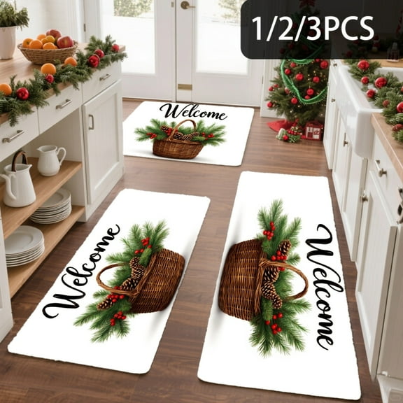 3PCS Kitchen Mat set, Welcome Door Flannel Rug,Home Decor for Front Door,Kitchen, Bathroom, Welcome With Christmas Greenery And ,Great Christmas Housewarming gift for Family and Friends.