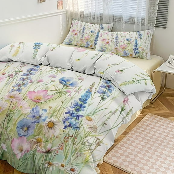 3 Pcs Soft Bedding Set, Includes 1 Duvet Cover with Zipper And 2 Pillow Shams,Watercolor Wildflowers Twin(86"x70")