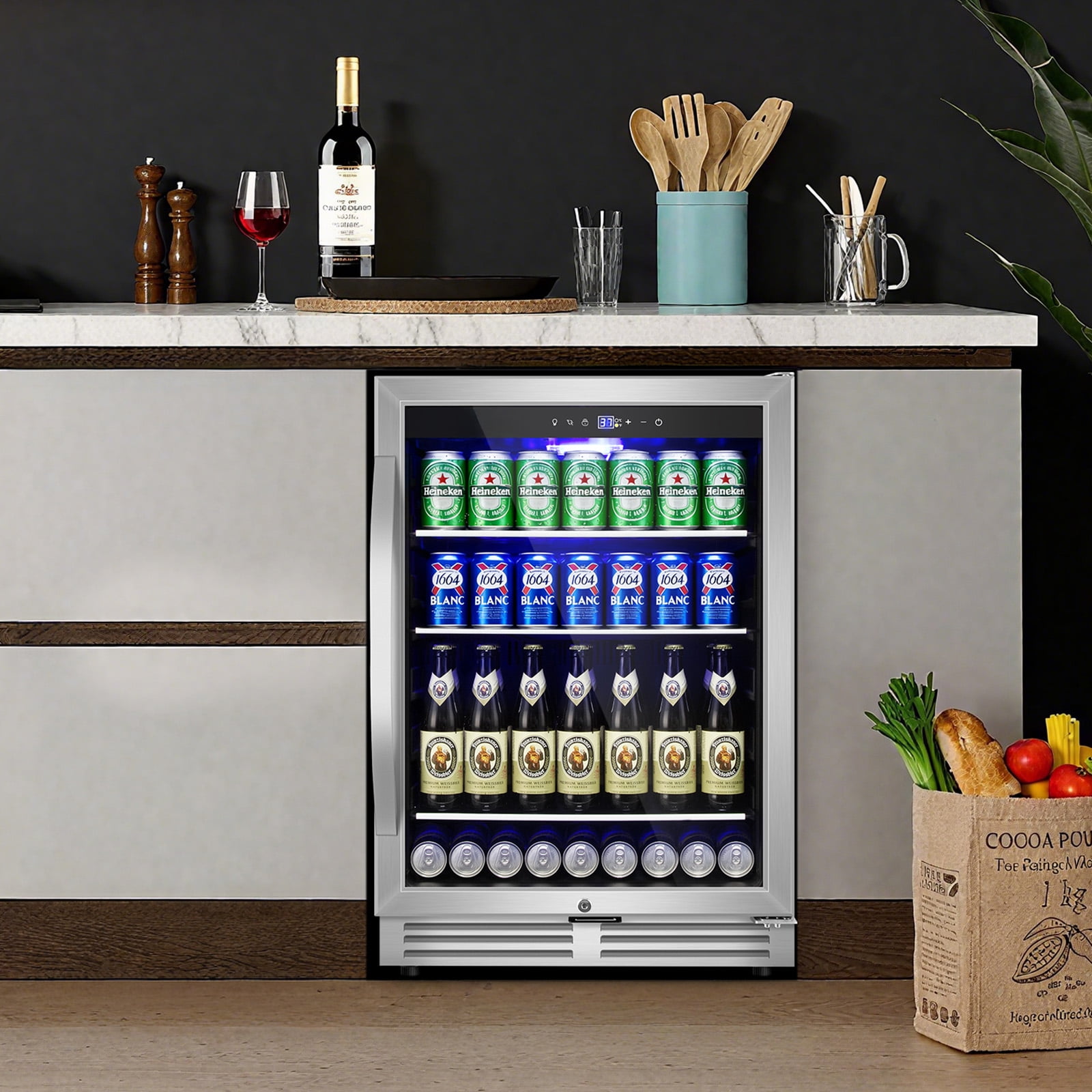 TITTLA 24 inch Beverage Refrigerator,190 Cans Beverage Cooler with Glass Shelves,Under Counter Refrigerator,Silver