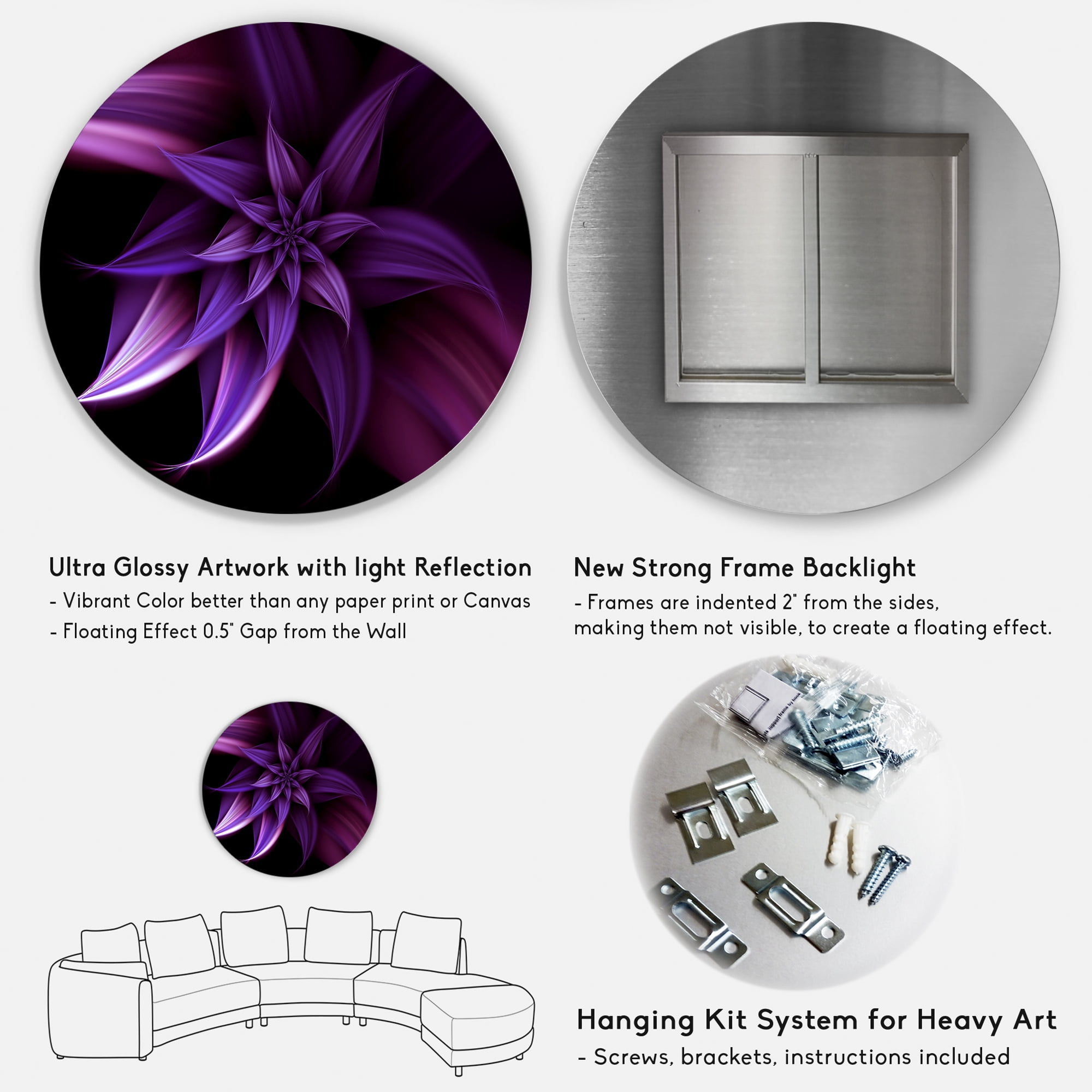 Designart Fractal Flower Purple' Floral Circle Metal Wall Art