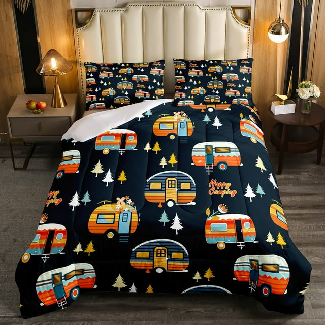 Kids Happy Camping Comforter Set Full 3Pcs, Travel Car Rv Accessories Bedding Comforters & Sets forest Trees Cartoon Theme Bedding, Colorful Toy Cars Down Comforter for Girls Boys Kawaii Room Decor
