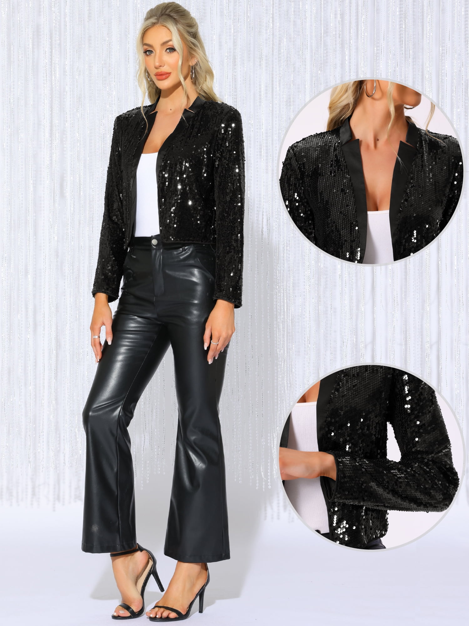 DARING DIVA Womens Sequin Crop Jacket Long Sleeve Open Front Glitter Blazer M Black