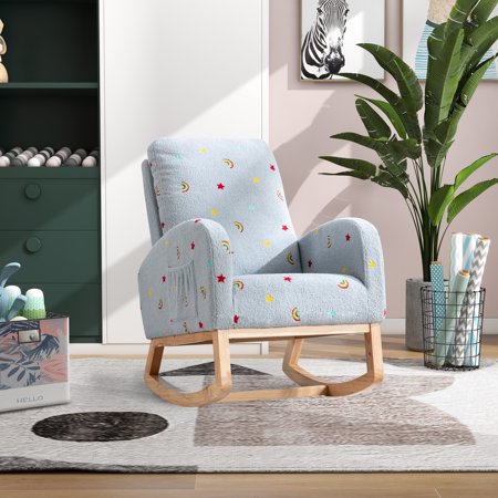 LANTRO JS 26.8"W Modern Rocking Chair for Nursery, Mid Century Accent Rocker Armchair With Side Pocket, Upholstered High Back Wooden Rocking Chair for Living Room Baby Kids Room Bedroom, Blue Boucle