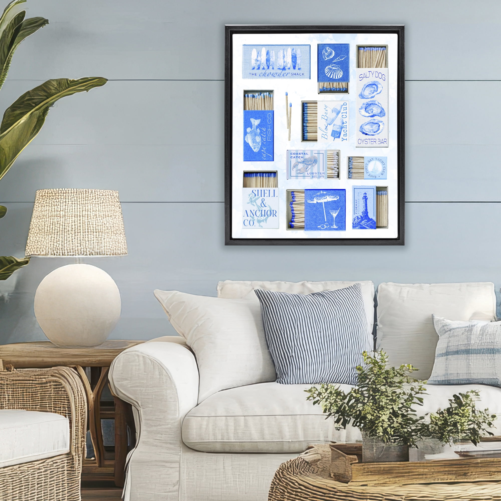 Blue Coastal Matchboxes Black Framed Floater Canvas Wall Art, design by Ziwei Li