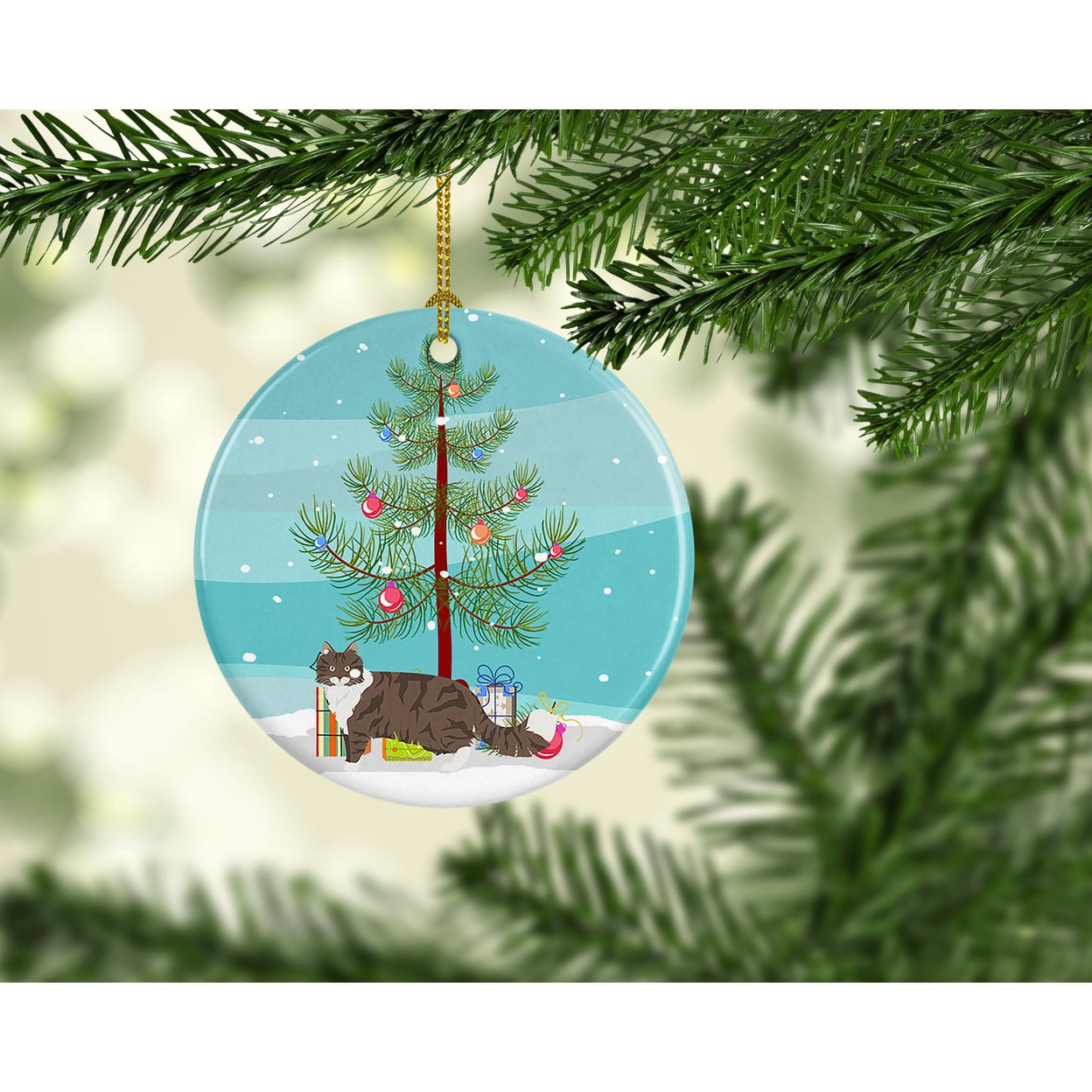 Norwegian Forest Cat Merry Christmas Ceramic Ornament 2.8 in x 2.8 in